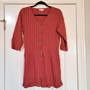 POLAGRAM Size M Button-Down Striped Rust Cotton Boho Romper Pockets Lagenlook